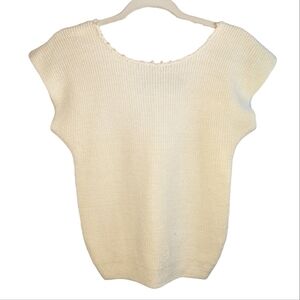 Vintage OHI Cottagecore Cap Sleeve Cream Ramie Rayon Sweater Pearl Beading Top S